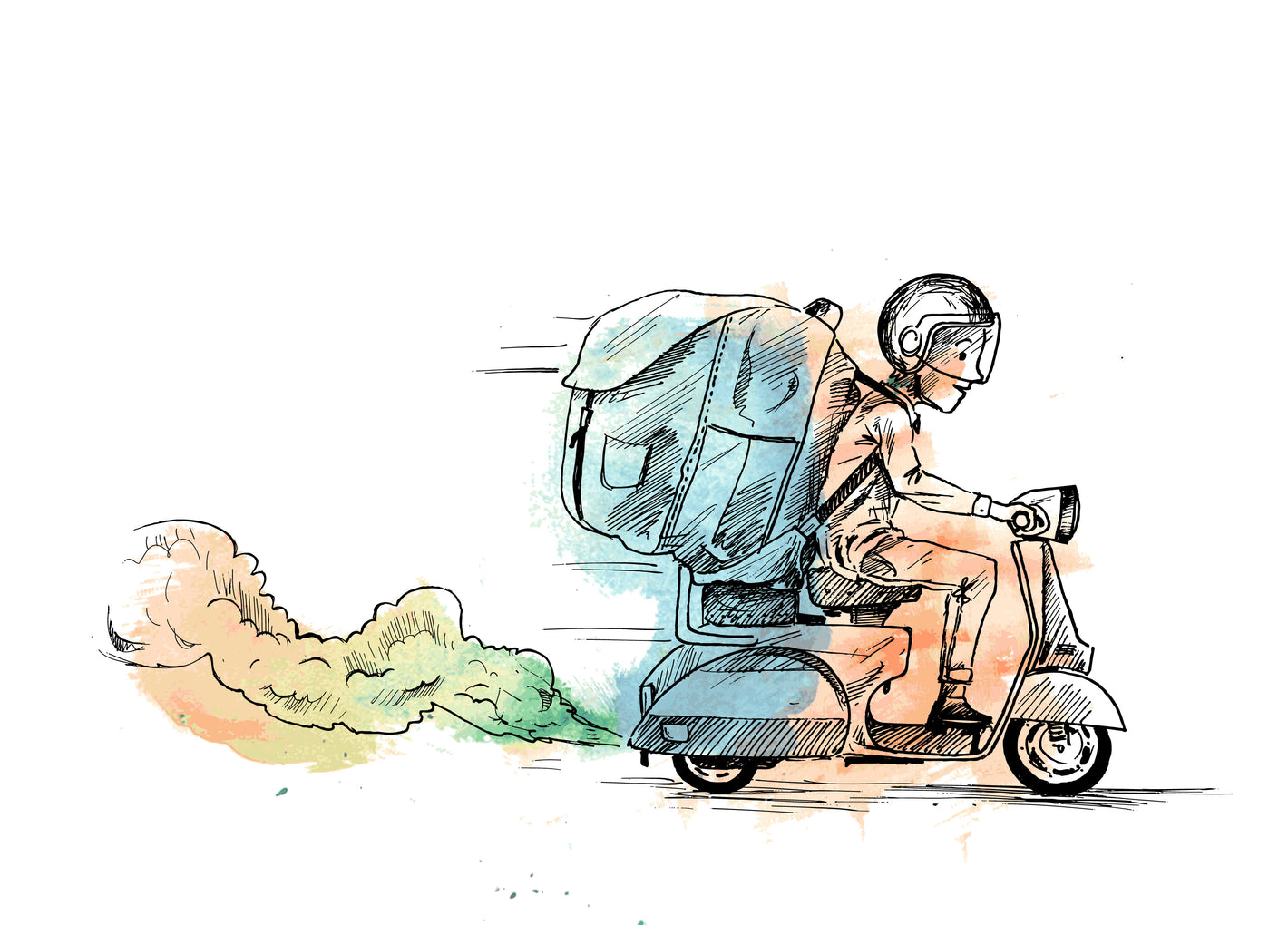 dessin d'un livreur en scooteur avec un sac à dos, le tout dans les tons orange, vert, bleu.