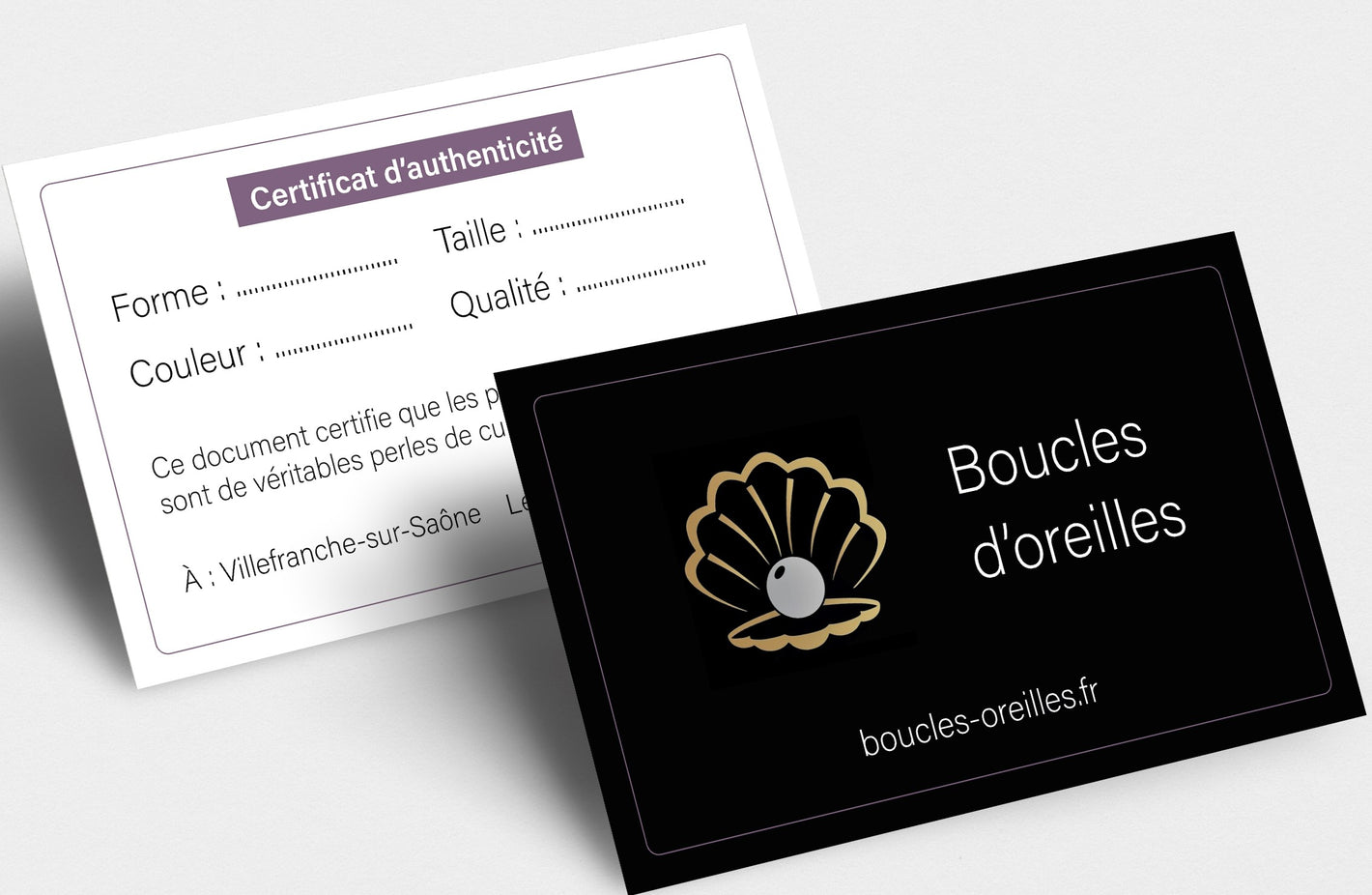 Vue recto verso des certificats d'authenticité délivrés par le site boucles-oreilles.fr